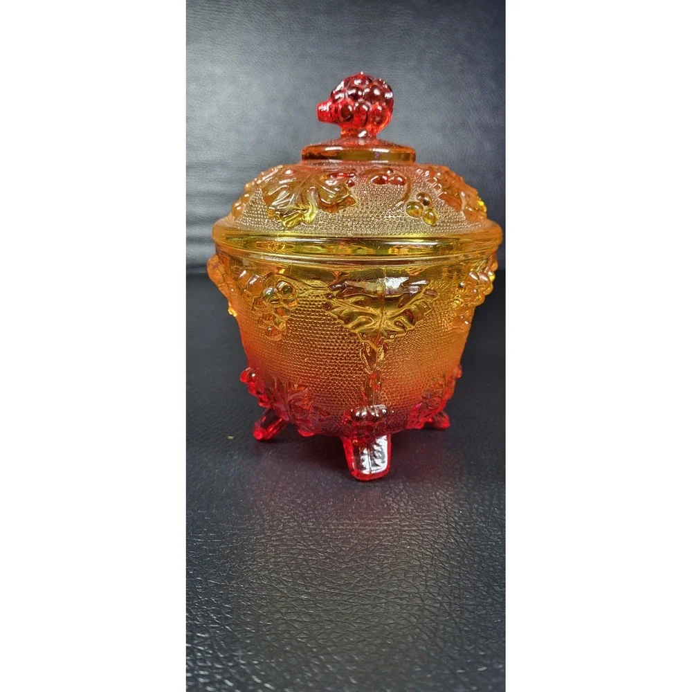 Vintage Jeannette Glass Amberina Glass Footed Candy Bowl Dish W Lid Grape